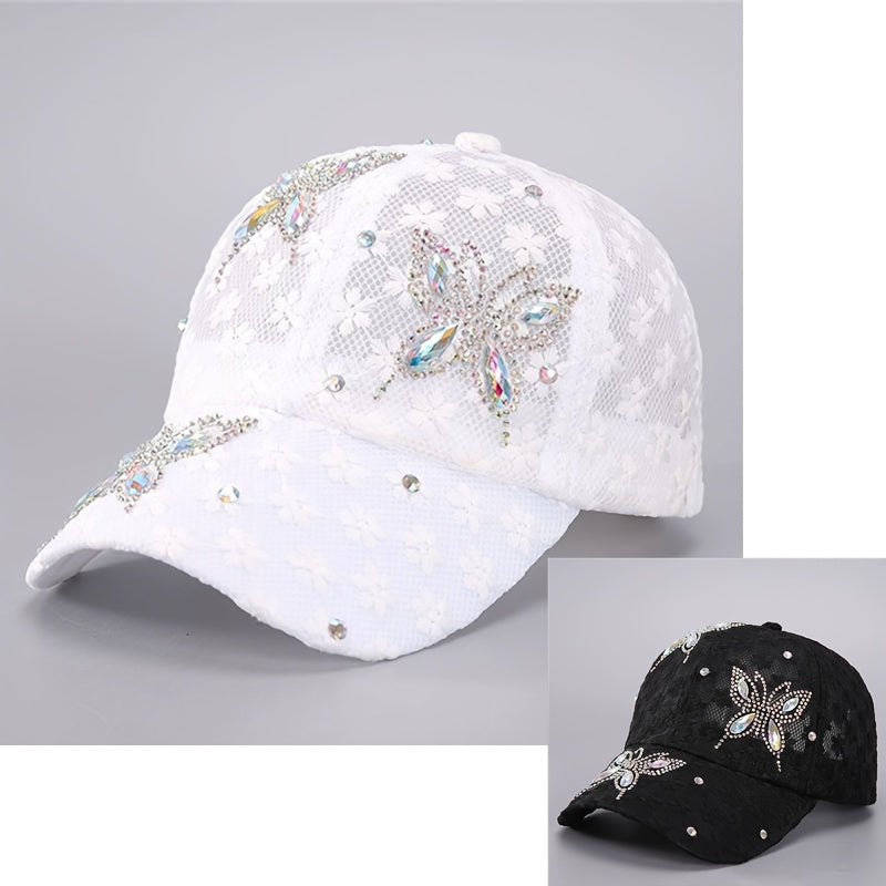 Women' Sparkling Sequin Butterfly Baseball Cap - Glitter Hat with Lace Mesh Sun Shield, Breathable Windproof Adjustable Buckle for Dance Parties, Prom, Outdoor - Suitable for Ladies, Gift for Friends