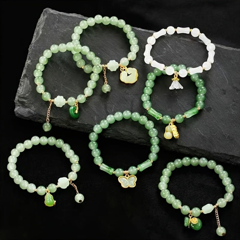 [7pcs Bead Chain Bracelet] Elegant 7pcs Bead Chain Bracelet Set, Butterfly And Lily Pendant Set Imitation Jade, Retro Chinese Style, Suitable For Daily Gifts And Wear, Suitable For Men And Women