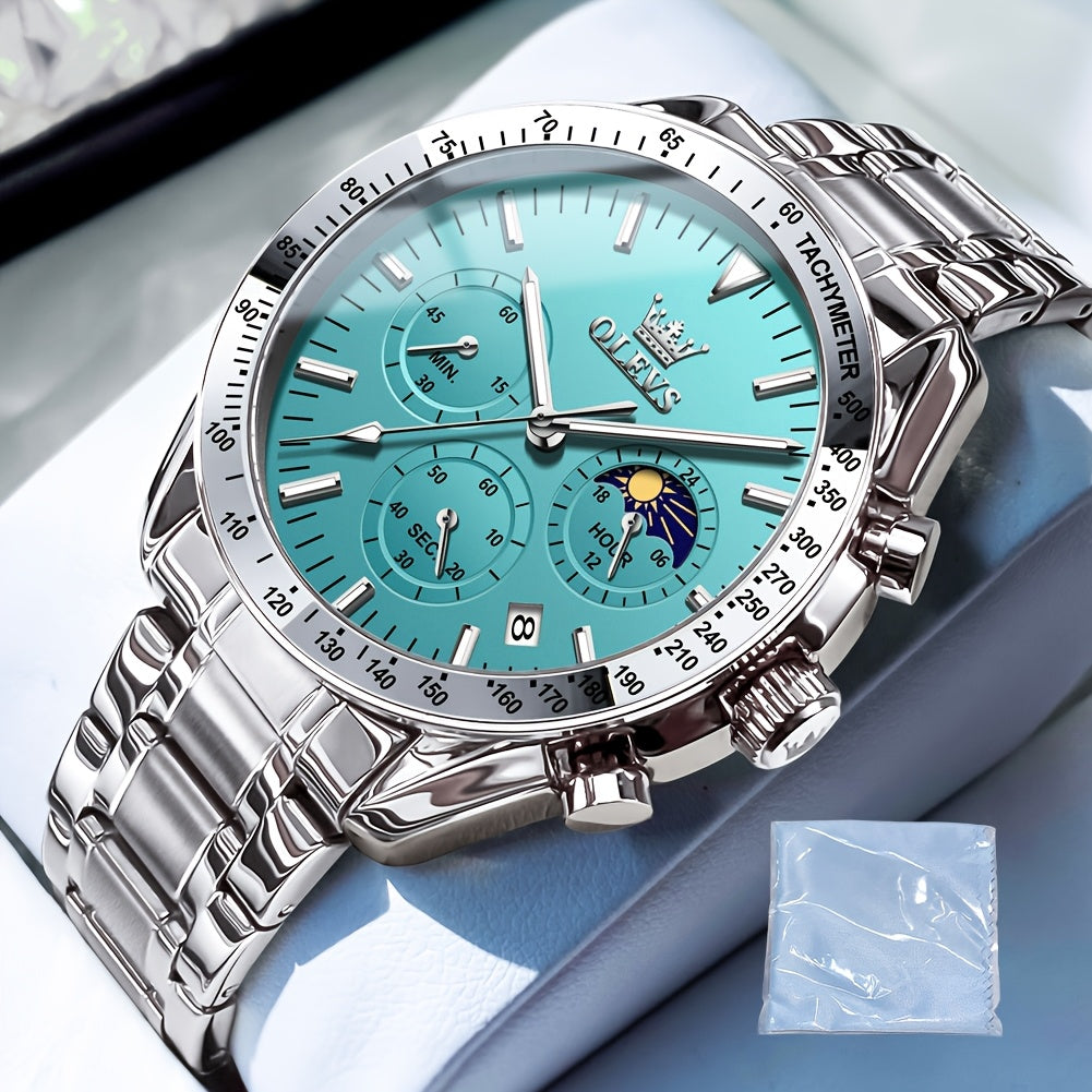 OLEVS Men's Watches Chronograph Multifunction Sport Watches Classic Casual Luxury Dress Moon Phase Analog Quartz Stainless Steel Male Watches Wrist Watches for Man Relojes Para Hombre Black/Blue/Golden Dial