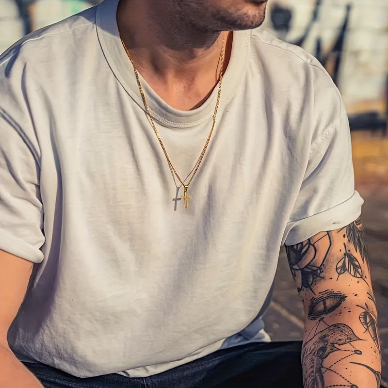 1 men's fashionable cross pendant necklace, plated with 18K golden Cuban chain, stainless steel men's minimalist casual necklace