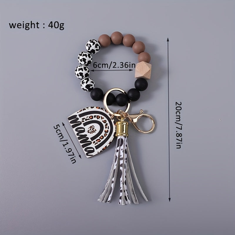 5pcs Set Of Cow Patterned Beads Monochrome Beads Beaded Wrist Keychains Cow Patterned Tassel Leopard Print Charm Keychains Holiday Gifts for Mothers Mother's Day Gifts