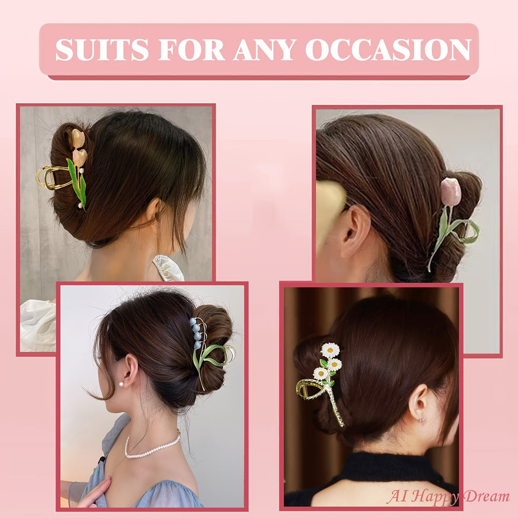 6pcs Flower Dressing Renaissance Headpieces, Metal Hair Clips, Large Tulip Anti Slip Hair Clips, Hair Clips, Firm Headpieces, Fashionable Ladies, Long Hair, Thick Hair, Thin Hair, Curly Hair, Halloween, Christmas, Suitable For Ladies' Headwear