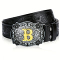 Mens Western Cowboy Cowgirl Embossed Floral Faux Leather Belt - Longhorn Bull Pattern Letter Big Buckle Belt - Stylish, Durable, Belts For Men