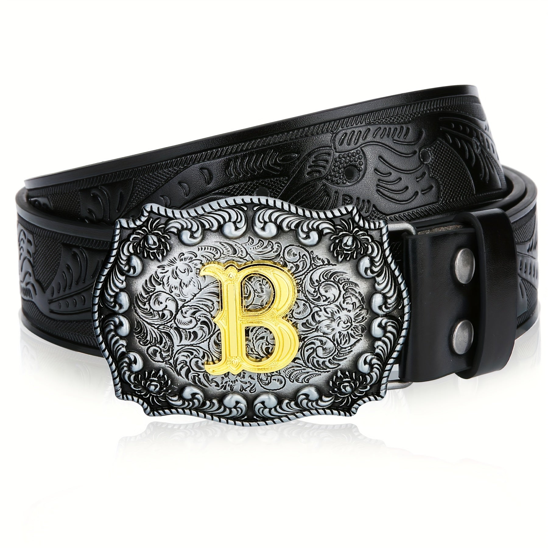 Mens Western Cowboy Cowgirl Embossed Floral Faux Leather Belt - Longhorn Bull Pattern Letter Big Buckle Belt - Stylish, Durable, Belts For Men