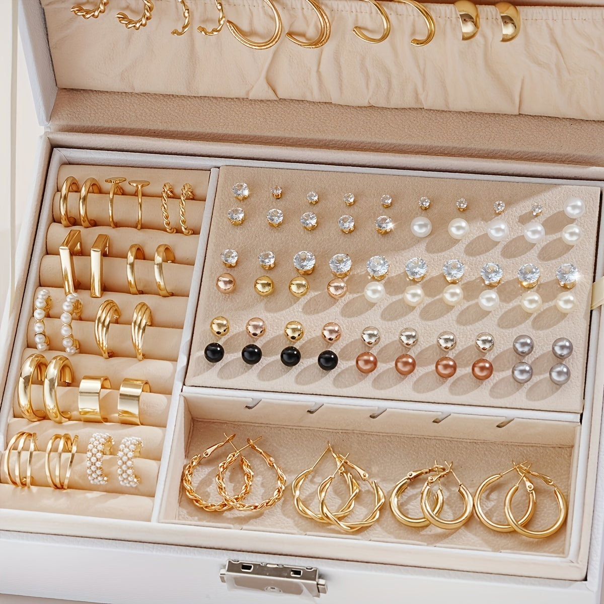 108pcs/Set Simple Imitation Pearl, Rhinestone & Metallic Geometric Design Stud Earrings, Hoop Earrings for Women, Vacation, Date, Daily Wear (Without Box)