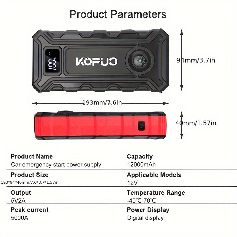KOPUO 5000A Optional 6000A Car Battery Jump Starter, Battery Jumper Starter Portable (2.38gal Gas/2.11gal Diesel), 65W Charging Jump Box, Portable Car Jump Starter with 160W, Compact, Camping Essentials