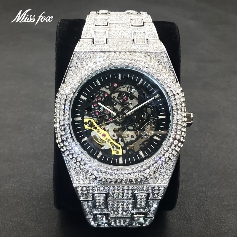 Miss Fox Men's Luxury Iced-Out Automatic Mechanical Watch - Hip Hop Style, Steel Large Dial, Full Accents, Transparent Back, Black Strap, Glow-in-the-Dark, Party Fashion Accessory, for women