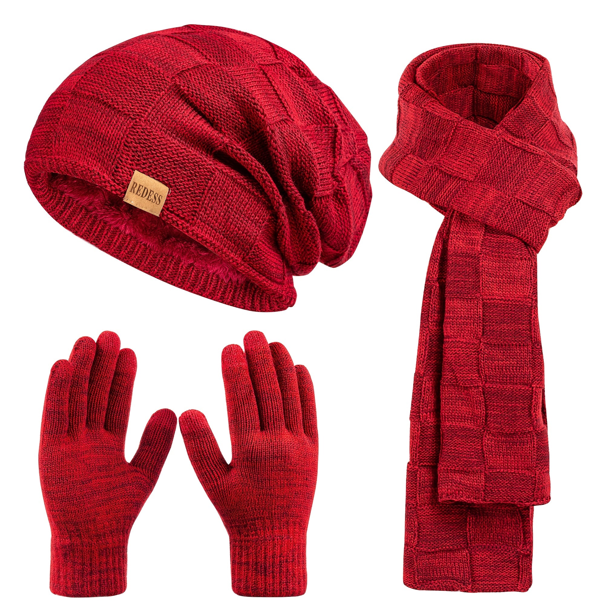 3pcs Winter Set: Unisex Hat, Scarf & Gloves/Earmuffs-like Accessory - Thick Warm Thermal Outfit for Men & Women, Compatible with Smartphones (No Touchscreen Obstruction) - Perfect Christmas, New Year Gift (Ear) - Solid