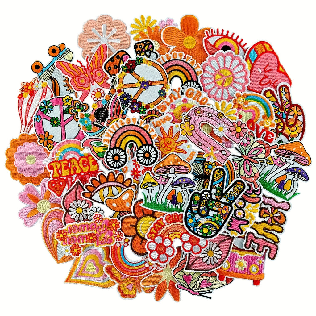 Set of 48 Hippie-Themed Iron-On Patches For, Featuring Embroidered Bohemian Designs Suitable for Clothing, Hats, Jeans, Dresses, Backpacks, And More