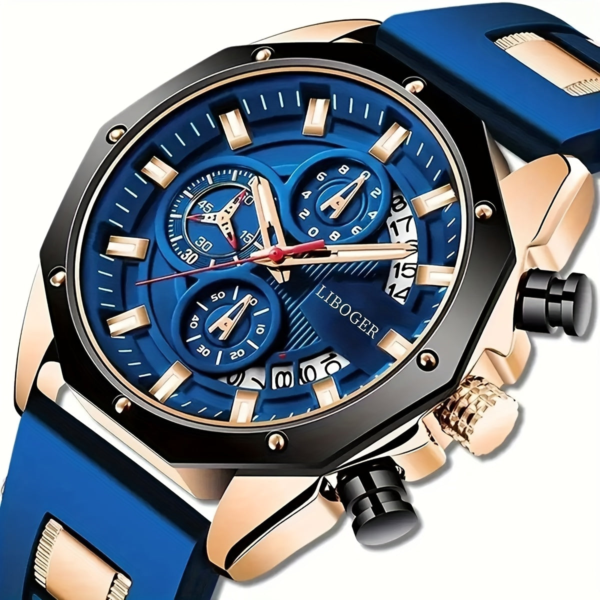 Men's Luxury Large Dial Chronograph Wristwatch - Blue & Golden Analog Watch with Day/Date/Month Display, Quartz Movement, 24H Chronograph, High Quality 1181.1inch, Elegant Brown Strap & Golden Buckle, Multi-Functional Business & Sports Watch for Formal &