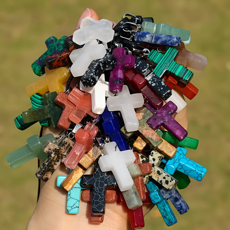 50pcs Mixed Natural Stone Cross Pendant - 25pcs Fashionable Cross Pendant With 25pcs Adjustable Black Faux Leather Necklaces Quartz Faux Jewelry For DIY Necklace, Bracelet, And Earring Making