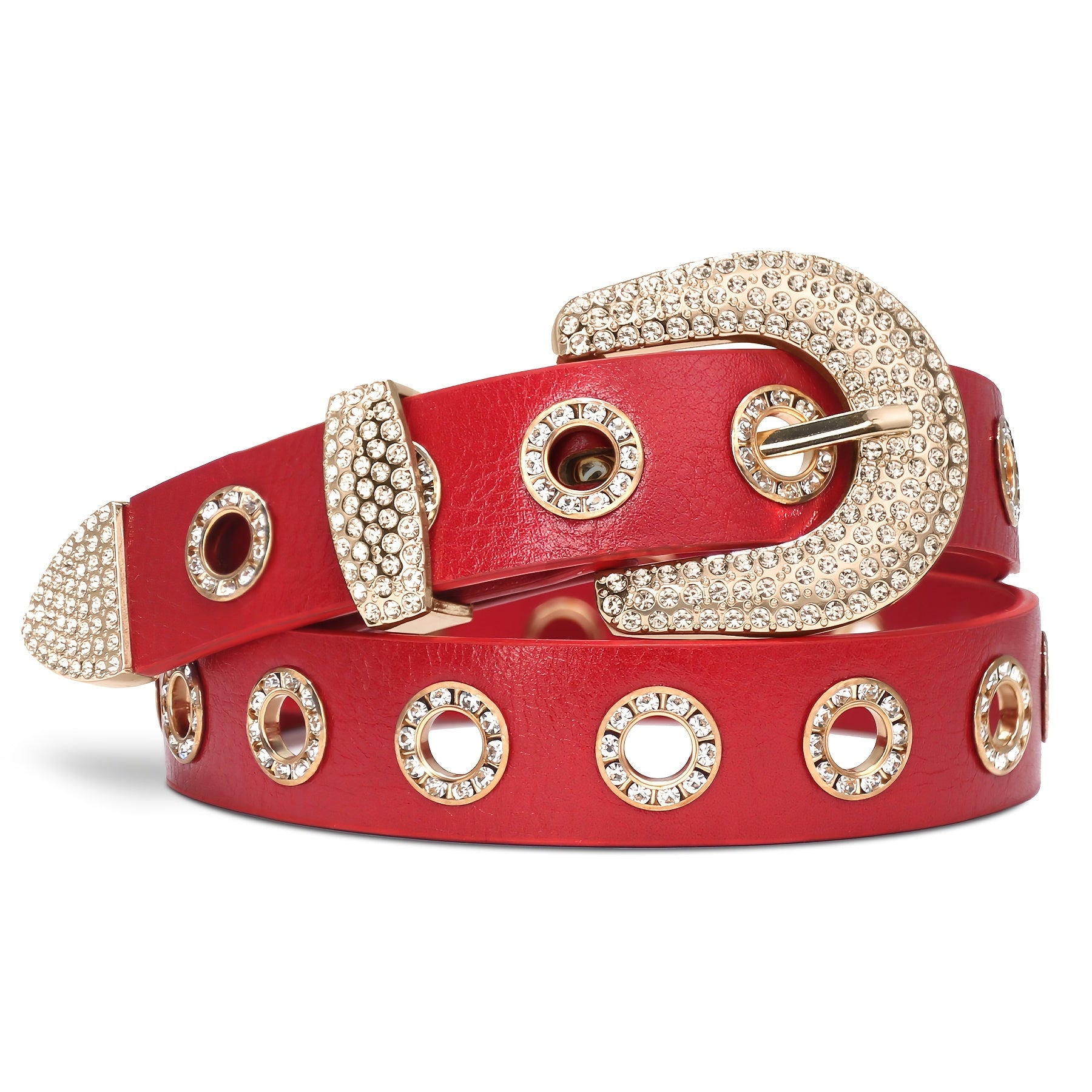 Women's Punk Faux Leather Grommet Belt Women Vintage Studded Rhinestone Rock Belts for Jeans Dress Pants