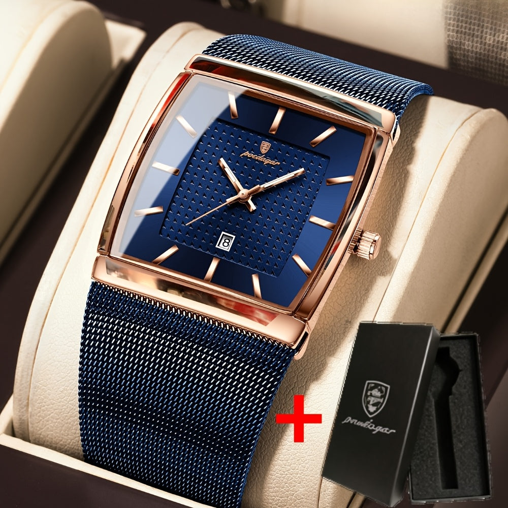 [Men's Casual Watch] POEDAGAR 885W Men's Fashion Casual Watch, 3ATM Waterproof With Blue Dial, Stainless Steel Mesh Band