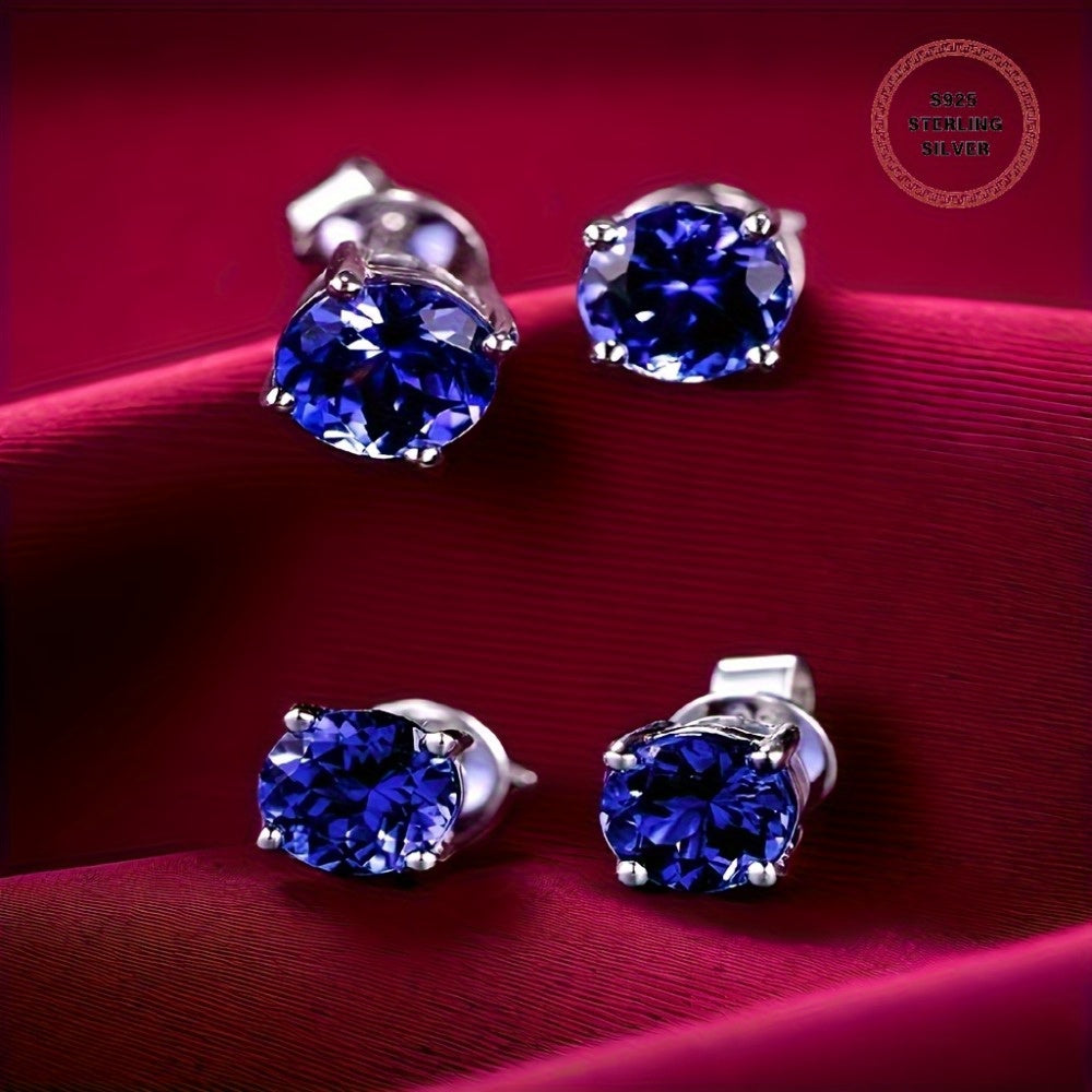 Blue Tanzanite Sparkling Earrings 925 Silvery Needles - European and American Elegance and Luxury - Banquets, Vacations and Daily Wear
