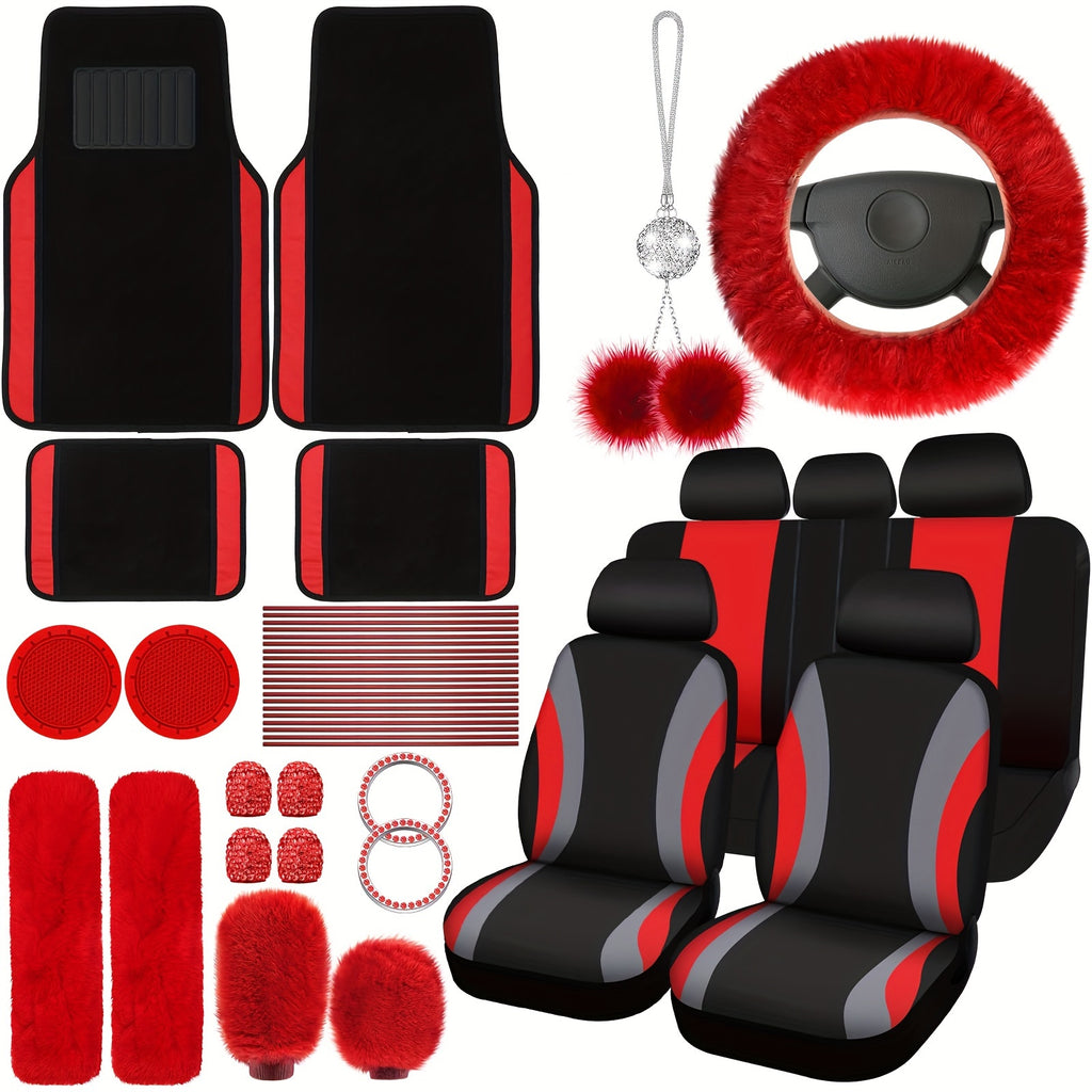 47 Car Seat Cover Full Set Car Seat Covers for Car Front Rear Seat Cover Fluffy Steering Wheel Cover Seat Belt Automotive Floor Mats Car Air Conditioner Decoration Strip Car Accessories Women