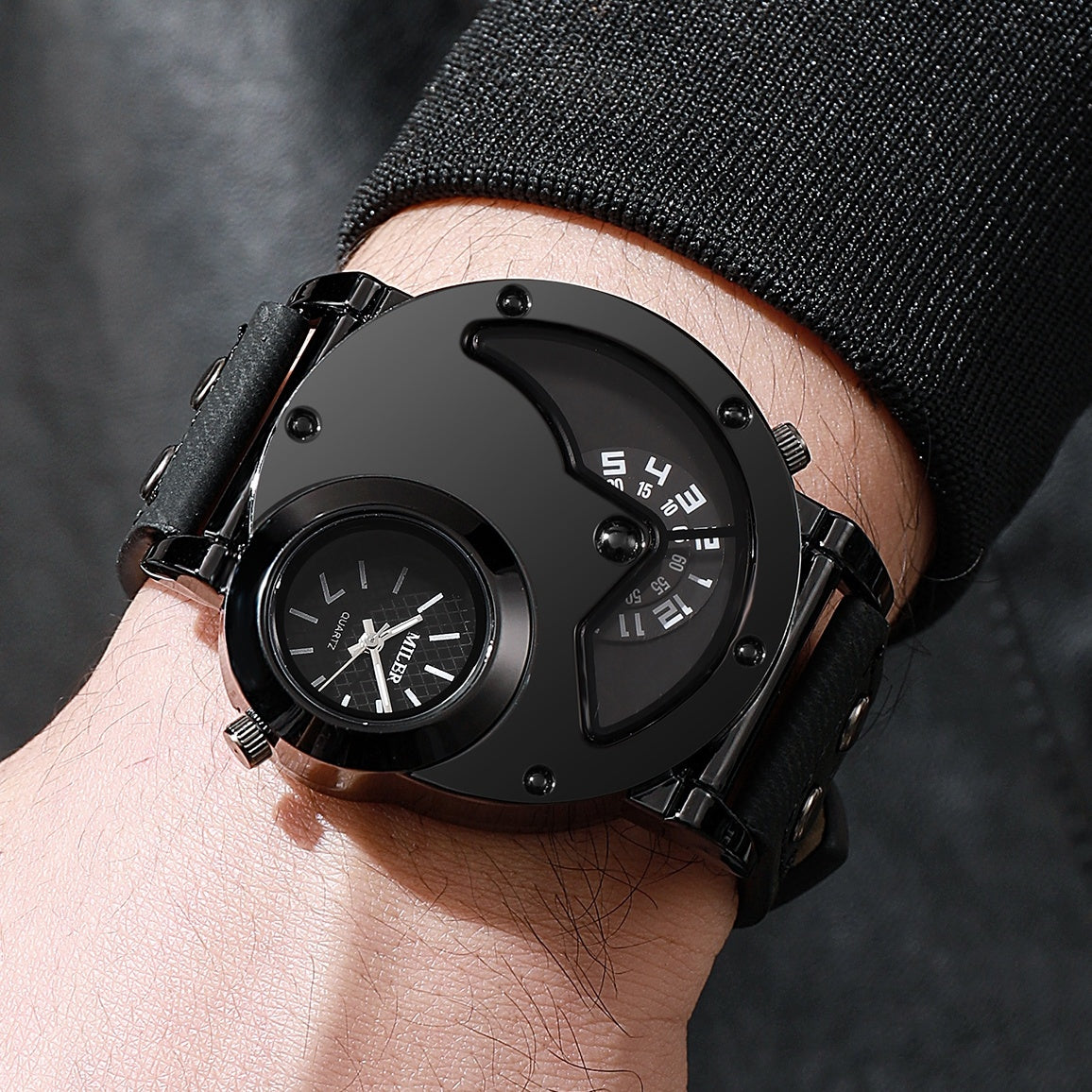 Vintage Men Watch Big Dial Double Time Shows PU Leather Business Quartz Watches for Man Analog Hot Deal Clock