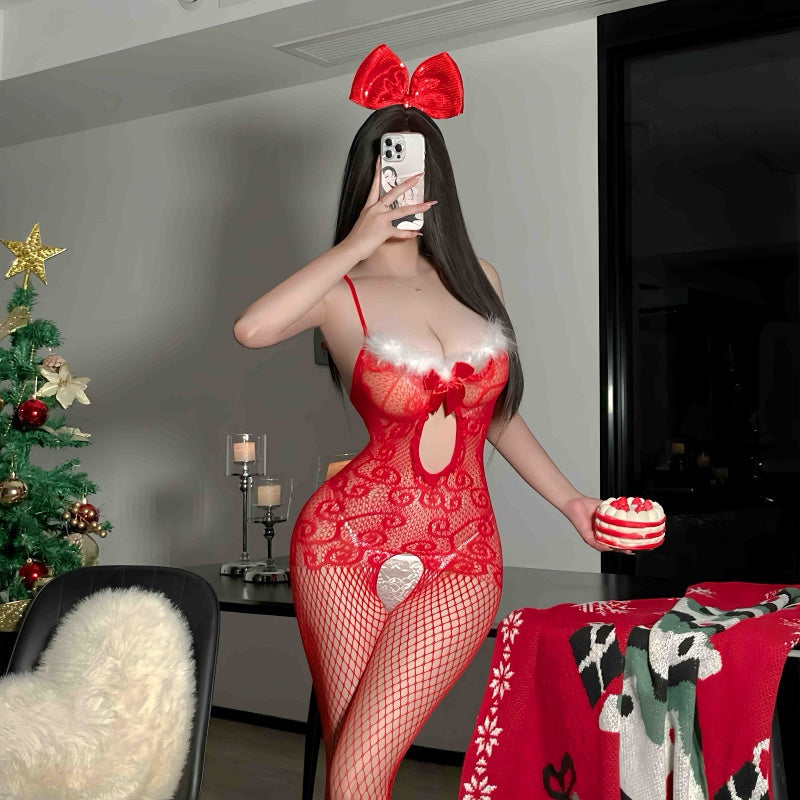 SD-158 Sexy plush big mesh Christmas one-piece net, long sleeves, straight shoulder, see-through open net stockings