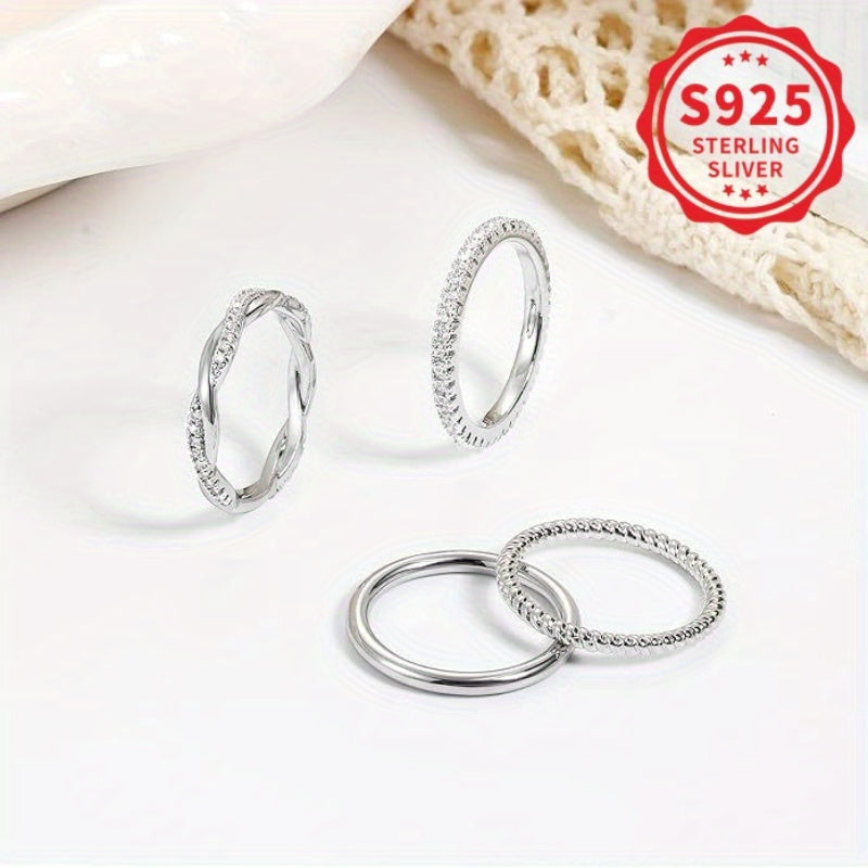 [Sterling Silver Rings] 4pcs Set Of 925 Sterling Silver Twist Halo Rings For Women - Fashionable, Stackable, Suitable For Daily And Party Wear, Total Weight Of The Product (2.93g)