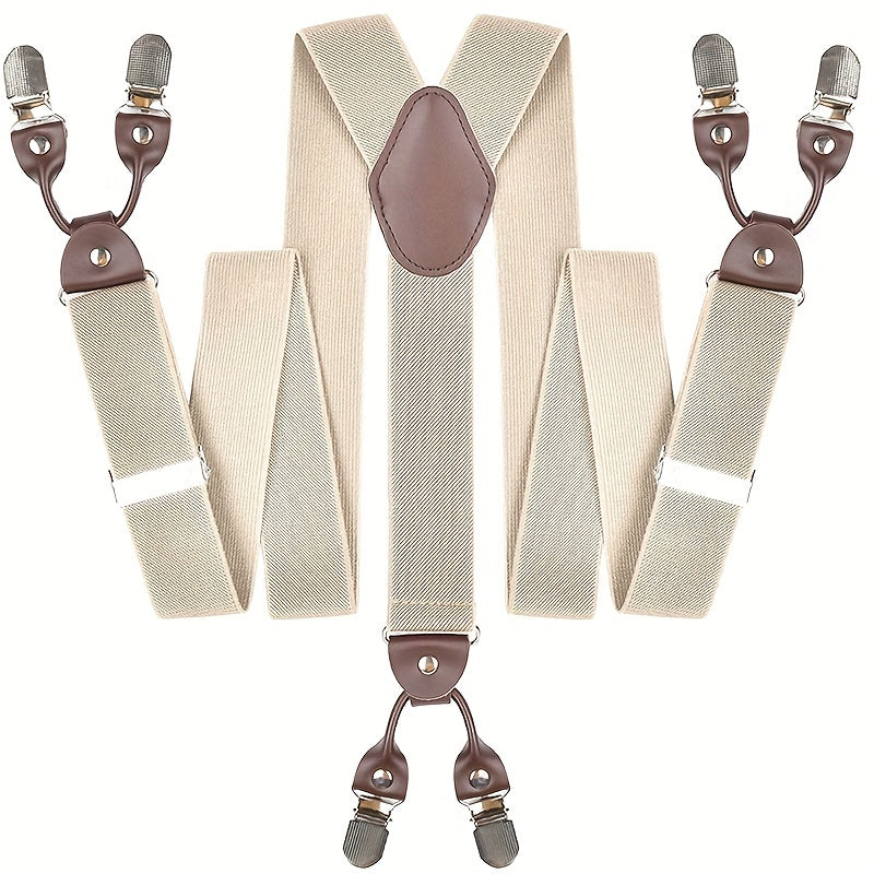 Men'S Suspenders, Suit Brace Y-back PU Leather Heavy Duty Suspender With 6 Metal CliP