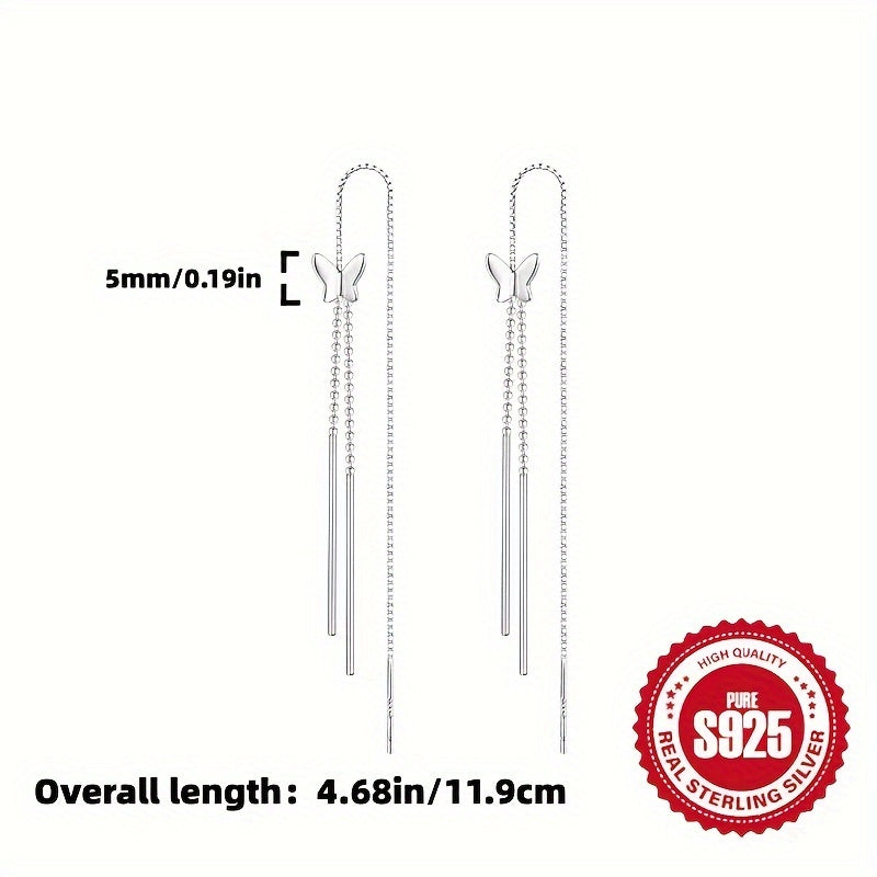 1 Pair S925 Sterling Silver Butterfly Tassel Earrings, Hypoallergenic, Elegant & Cute Style, Perfect Gift for Women, Versatile for Daily Wear & Vacation, Ideal for Christmas, All-Season Accessory