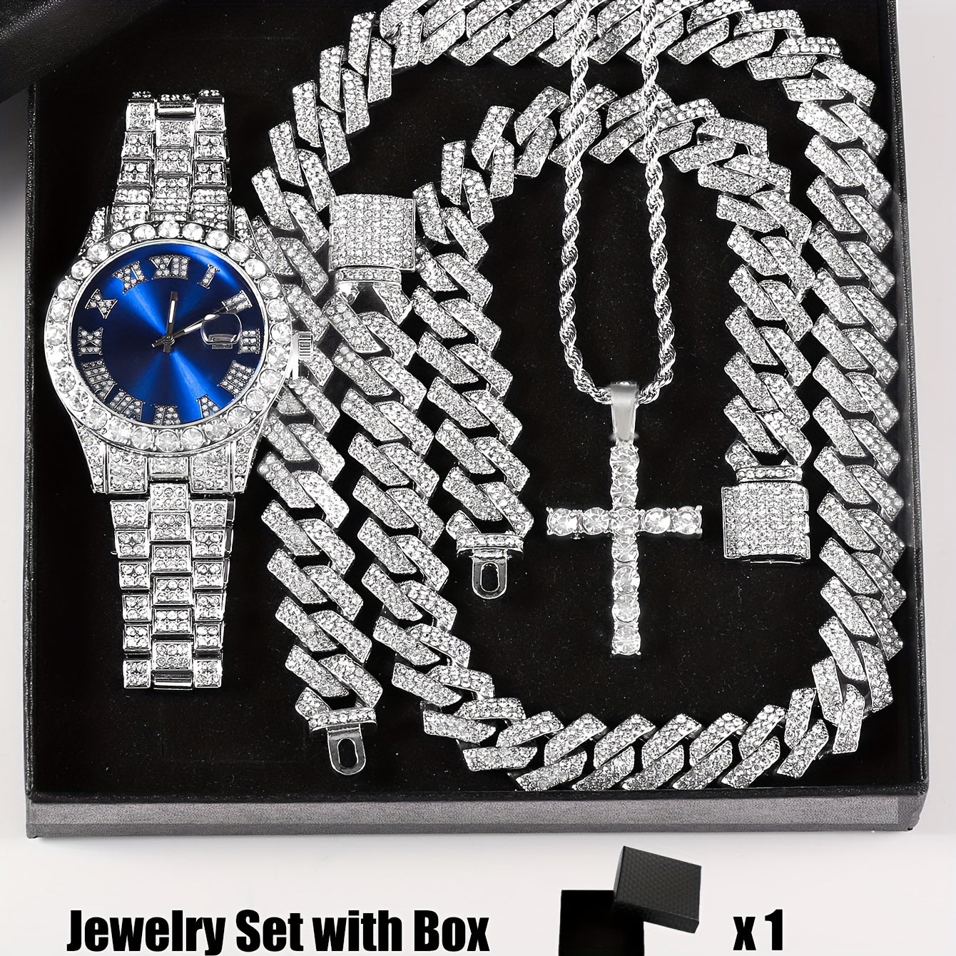 4pcs/set Men's & Women's Rhinestone Wrist Watch & Cross Pendant Jewelry Set with Analog Quartz Watch, Calendar, Quartz Movement, Suitable for, Wedding, Daily Wear - Luxury Accessory Gift for Him/Her