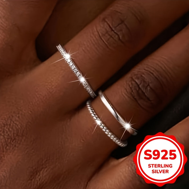 3pcs Set 925 Sterling Silver Rings for Women - Elegant, Stackable, 1g with Cubic, April Birthstone, Perfect for Daily & Party Wear