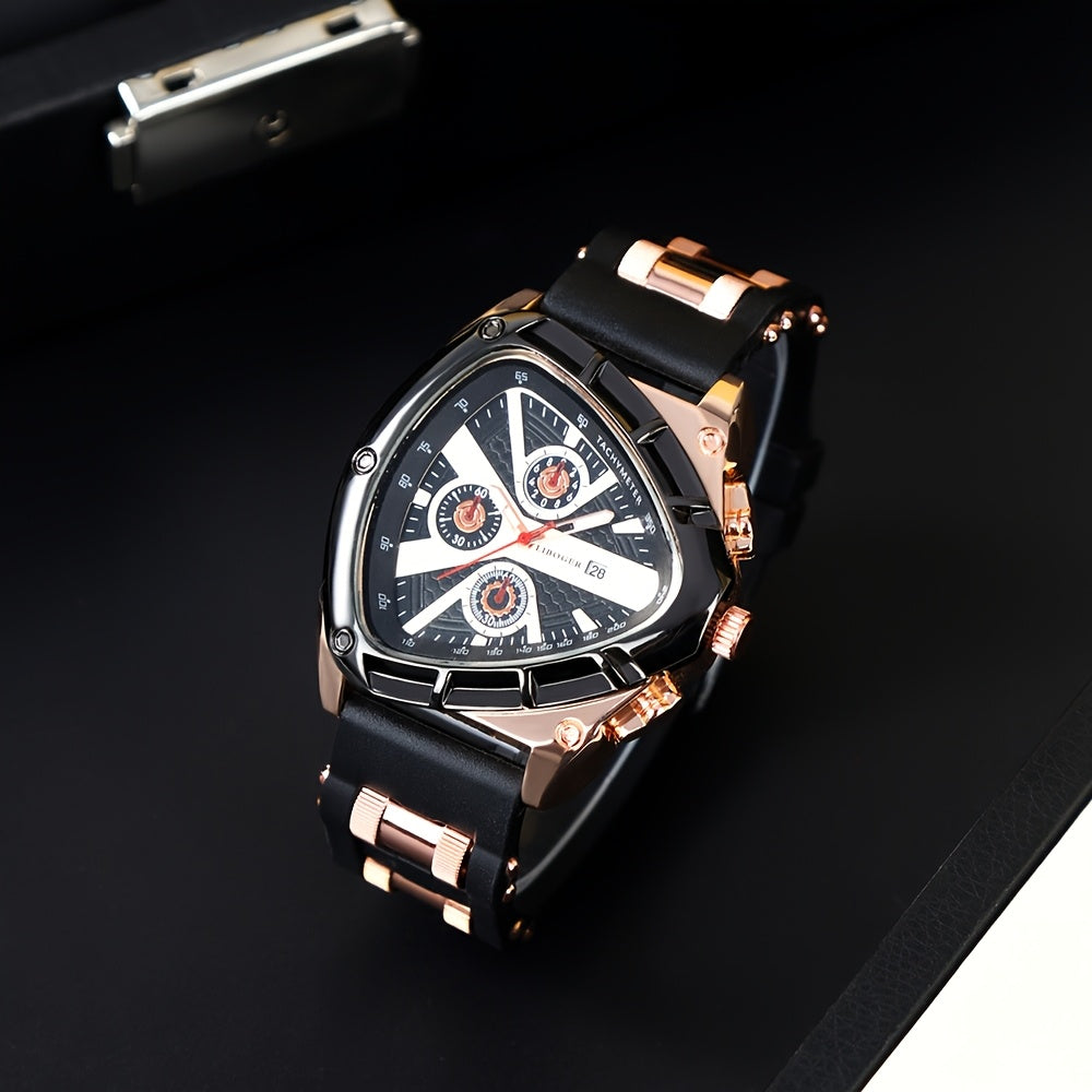 3pcs/set Fashion Quartz Watches For Men, Silicone Strap And Date Display Men Watches, Classic Triangular Dial Design Mens Watch For Casual And Sporty Wear Suitable For Any Occasion, Ideal Choice For Gifts Wrist Watch Reloj Para Hombre.