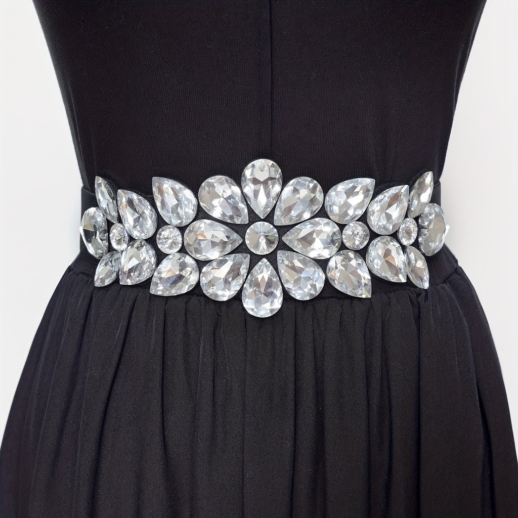 Ladies Fashion Shiny Big Bead Glass Synthetic Gem Exaggerated Gorgeous Style Dinner Stretch Belt