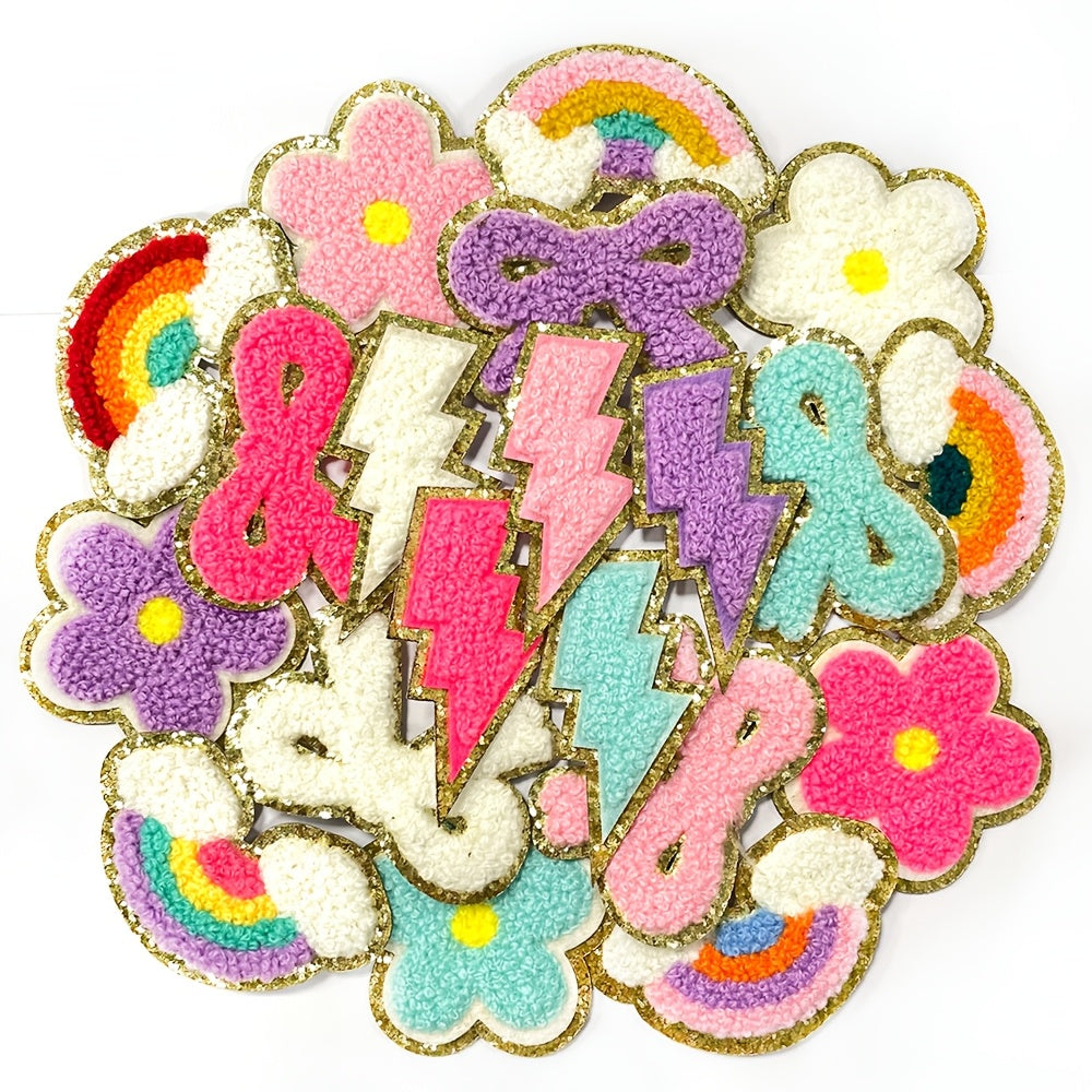 20pcs Glitter Self-adhesive Rainbow, Flower Plush Garment Embroidery Patches Blurred Letters Golden Decoration College Style Clothing Badge Appliques (Pastel Tones, Simple)