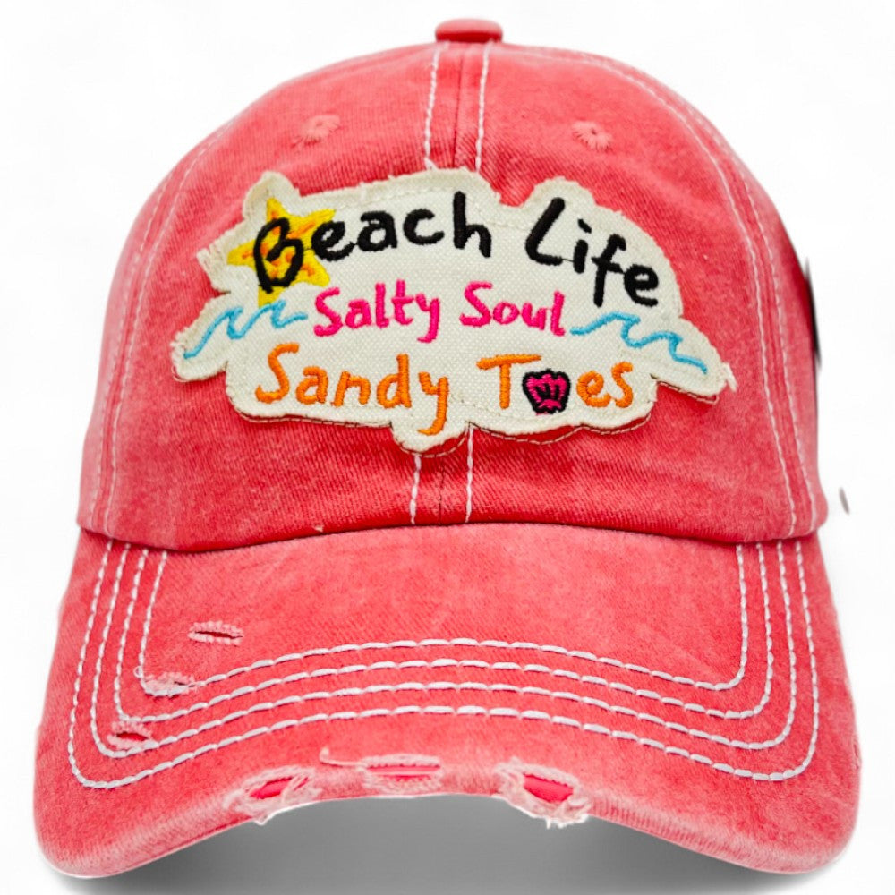 "Beach Life Salty Soul Sandy Toes" Baseball Cap-Local Artist Designed, Vintage, Distressed, Embroidered, 100% Cotton, UV Protection, Adjustable