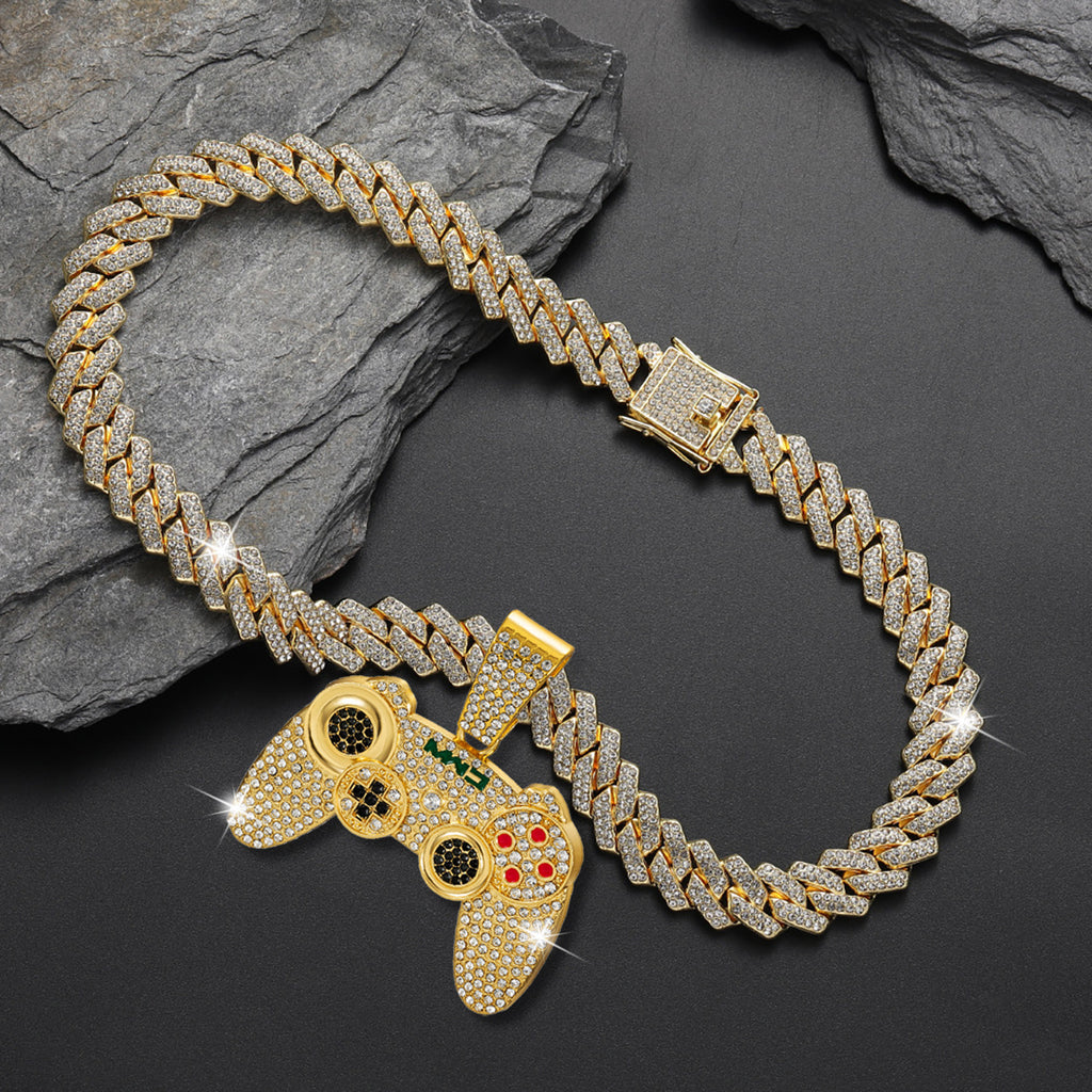 2pcs Fashionable Game Controller Pendant Necklace with Rhinestones - Men's Hip - Hop Cuban Chain, Ideal for Music Festivals, EDM Parties