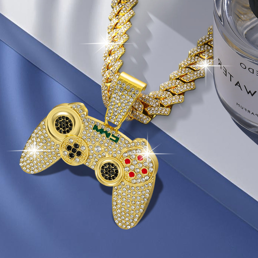 2pcs Fashionable Game Controller Pendant Necklace with Rhinestones - Men's Hip - Hop Cuban Chain, Ideal for Music Festivals, EDM Parties