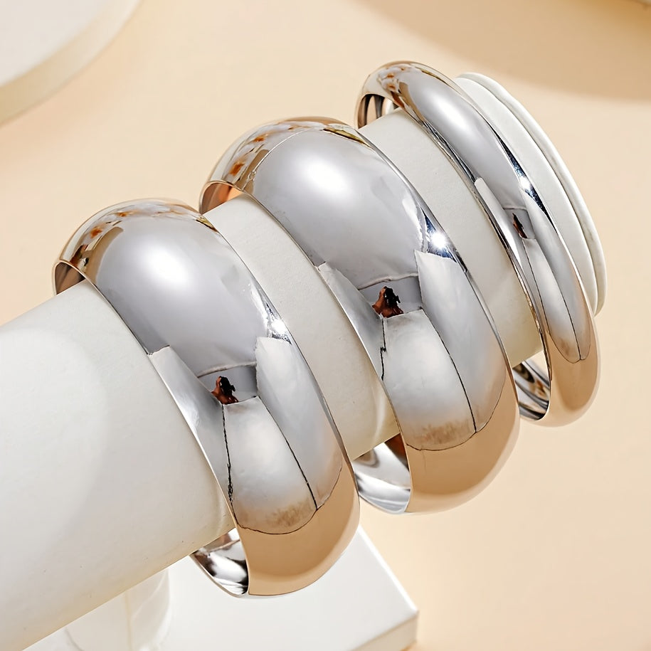 [Holidays, Parties, Dates] 3pcs Set: Geometric Circular And Asymmetrical Shaped Metal Bracelets with Twisted Textures, Cuff Style. Featuring an Exaggerated Wide And Large Design, in a Fashionable, Easy, Elegant And Retro Style. Suitable for Holidays, Part