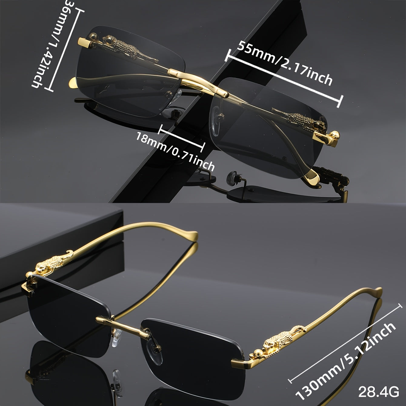 A Unique Pair of Glasses with Leopard Print Design And Frameless Square Lenses, with Glasses Case And Cleaning Cloth Suitable for Casual Gatherings And Fashionable Outfits. They Are a Perfect Photo Prop for Both Men And Women