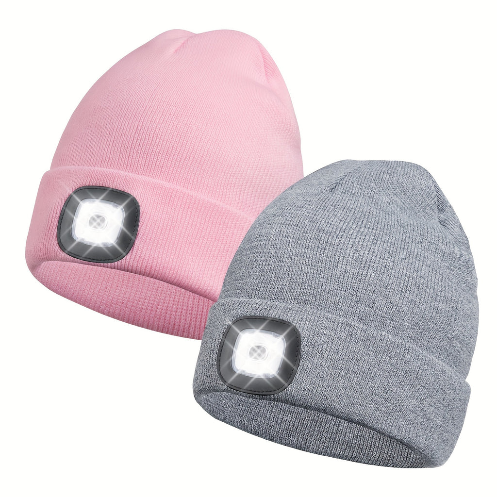 Night Safety LED Beanie Hats, USB Rechargeable Knit Hat, for Camping Hiking Running, 2-Pack, Great Unisex Xmas Gift