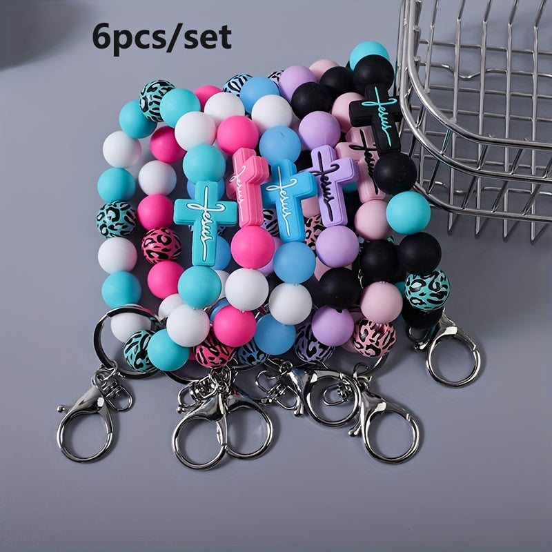 6pcs Set Of Cross Bead Wrist Key Rings Holiday Gift for Friends