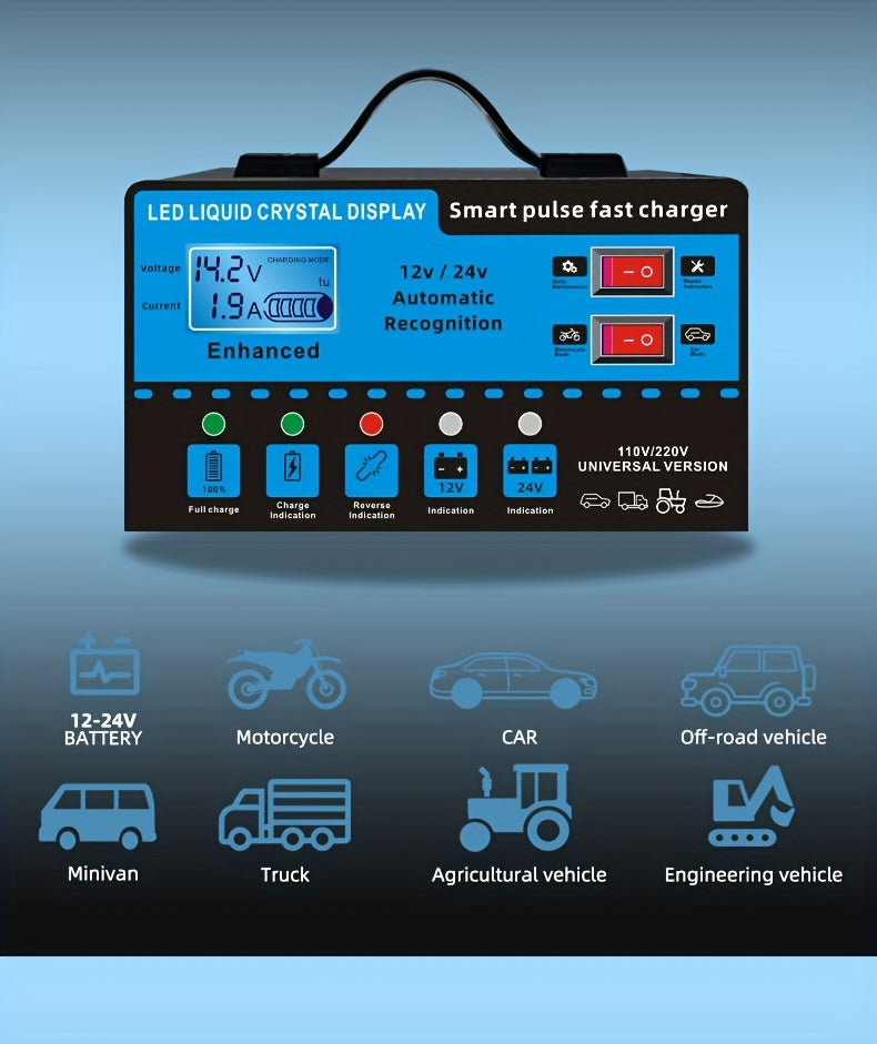 [Intelligent] 12V And 24V Intelligent Universal Battery Charger Inverter, With LCD Display Intelligent Maintenance Overcharge And Short Circuit Protection, Suitable For Intelligent Trickle Charging Maintenance Of Various Cars, Yachts, And Batteries