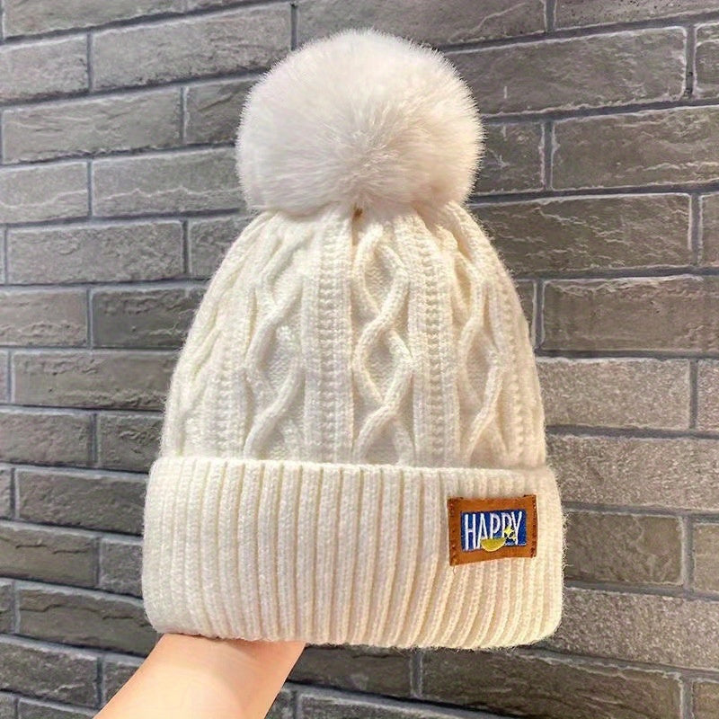 5pcs Women'S Winter Bailianie Hat with Fluffy Bubbles - Thick And Warm, Elastic for Cold Weather - Everyday And Formal Wear - Happy Logo Women'S Fashion Hat, Winter Hat, for Cold Weather Gear, Joke Design, Moisture-Wicking Fabric, S