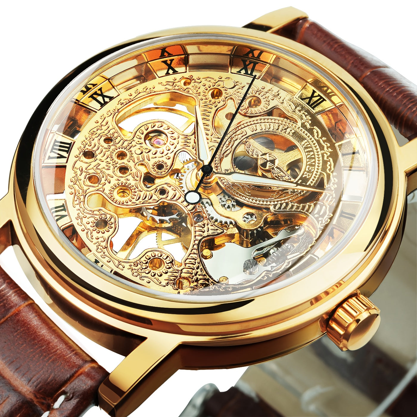 1pc Classic Luxury Golden Skeleton Hand Winding Mechanical Watches for Men Luminous Hands Top Brand Business Casual Retro Watch Festival Birthday Gifts