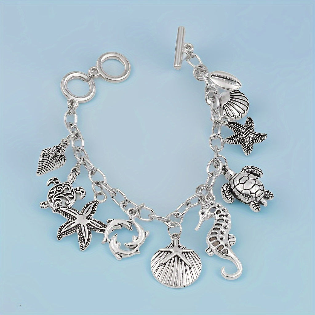 S925 Silver 1pc Ocean Style Seahorse Turtle Dolphin Starfish Sea Snails Scallop Conch Charm Pendant Chain Bracelet, Marine Animal Bracelet Friendship Jewelry Gift.Total Weight Of The Product (3g)