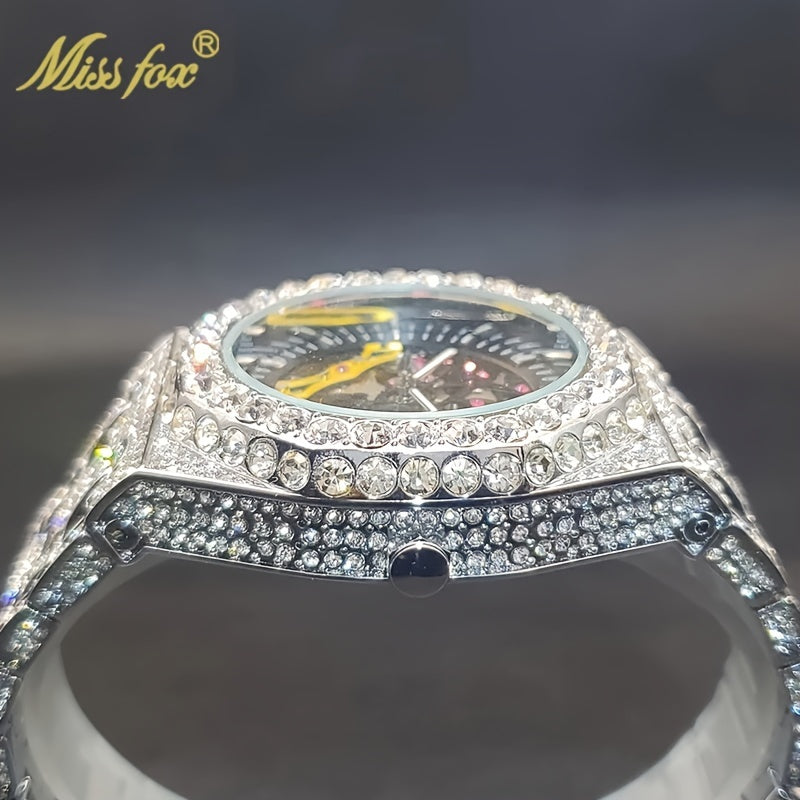 Luxury Automatic Mechanical Watch for Men's Hip-hop Brand MISSFOX Steel All Ice Rhinestone Jewelry Golden Watch for Fashionable Men's New Style