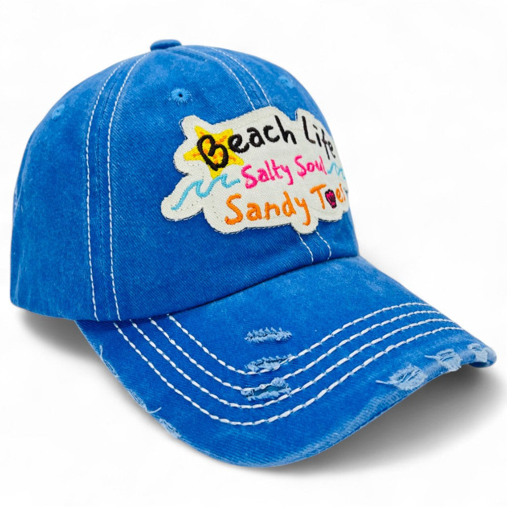 "Beach Life Salty Soul Sandy Toes" Baseball Cap-Local Artist Designed, Vintage, Distressed, Embroidered, 100% Cotton, UV Protection, Adjustable