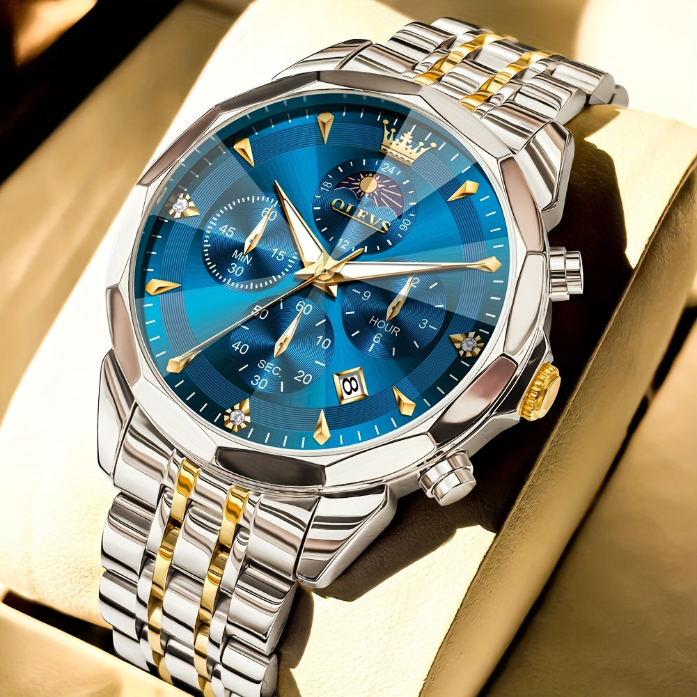 OLEVS Watches for Men Business Dress Analog Quartz Chronograph Luxury Two Tone Stainless Steel Moon Phase Luminous Date Classic Men'S Wristwatches Reloj Para Hombre