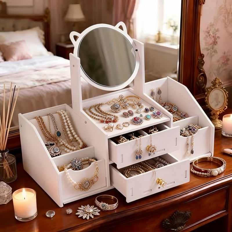 Jewelry Box, Small Makeup Storage, Requires Manual Assembly, Cute Cat Ear High-definition Mirror, Sweet and Exquisite Design, Light Luxury and Exquisite, Suitable for Use in the Living Room, Washbasin, and Dressing Room.