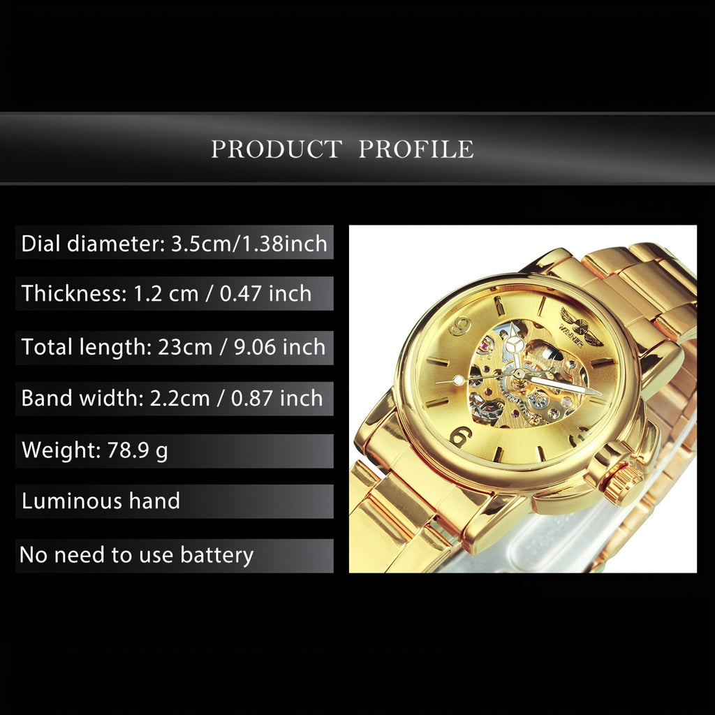 T-WINNER Luxury Golden Skeleton Automatic Mechanical Watch with Luminous Heart Dial, Royal Golden & Stainless Steel Band - Elegant Casual Wristwatch for Christmas, Thanksgiving, Birthday Gifts, Special Occasion Wristwatches