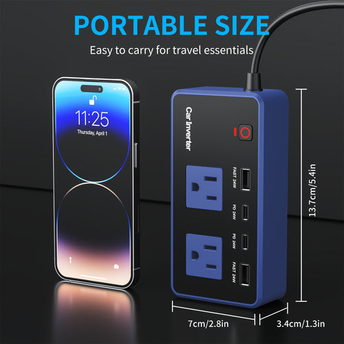 200W Car Power Inverter DC 12V to 110V AC with USB-C PD 24W QC3.0 Fast Charging Dual USB Ports Multi-Protection Car Charger Adapter for Vehicles Travel Camping Road Trip