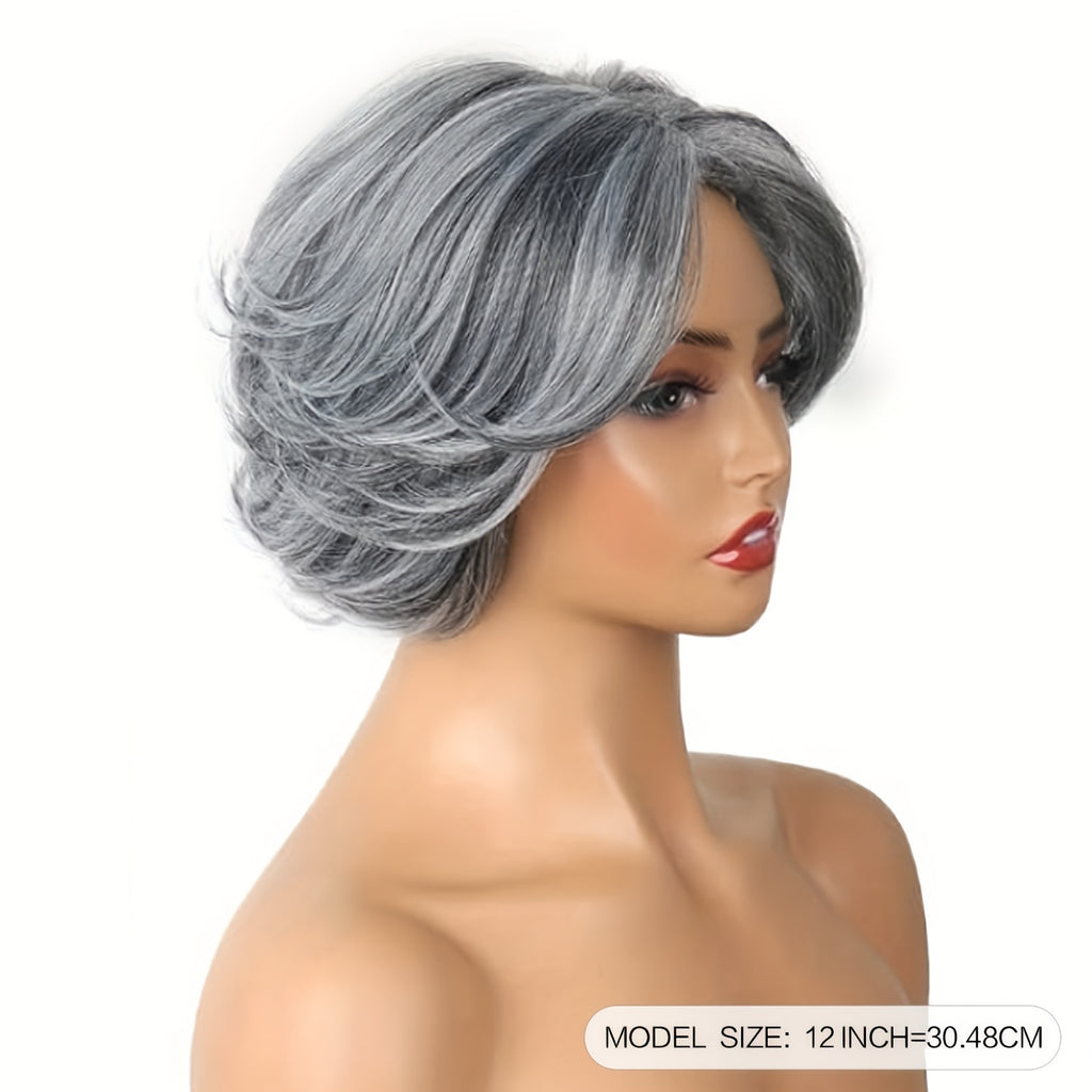 Grey Straight Hair Pixie Cut with Bangs 12 Inch Highlight Silvery Grey Synthetic Pixie Bob Hair Wig for Women Daily Dress Up Cosplay