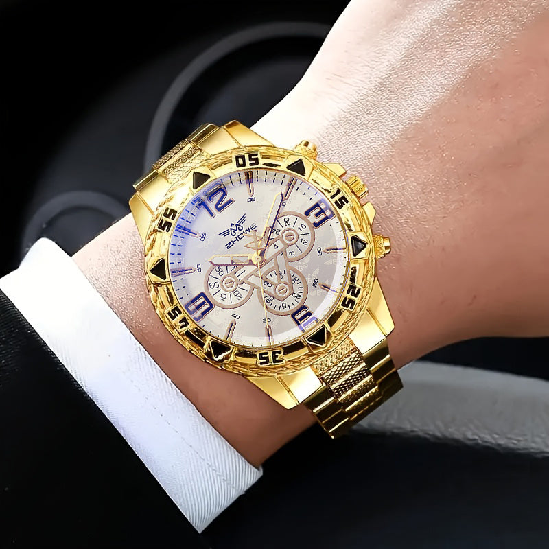 3pcs Luxury Men's Quartz Watch & Bracelet Set with Necklace - Stainless Steel Strap, Large Dial Analog Business Watches, Round Alloy Case - Durable Watch Gift Suitable for Christmas, Thanksgiving, Day of the Dead - Elegant Men's
