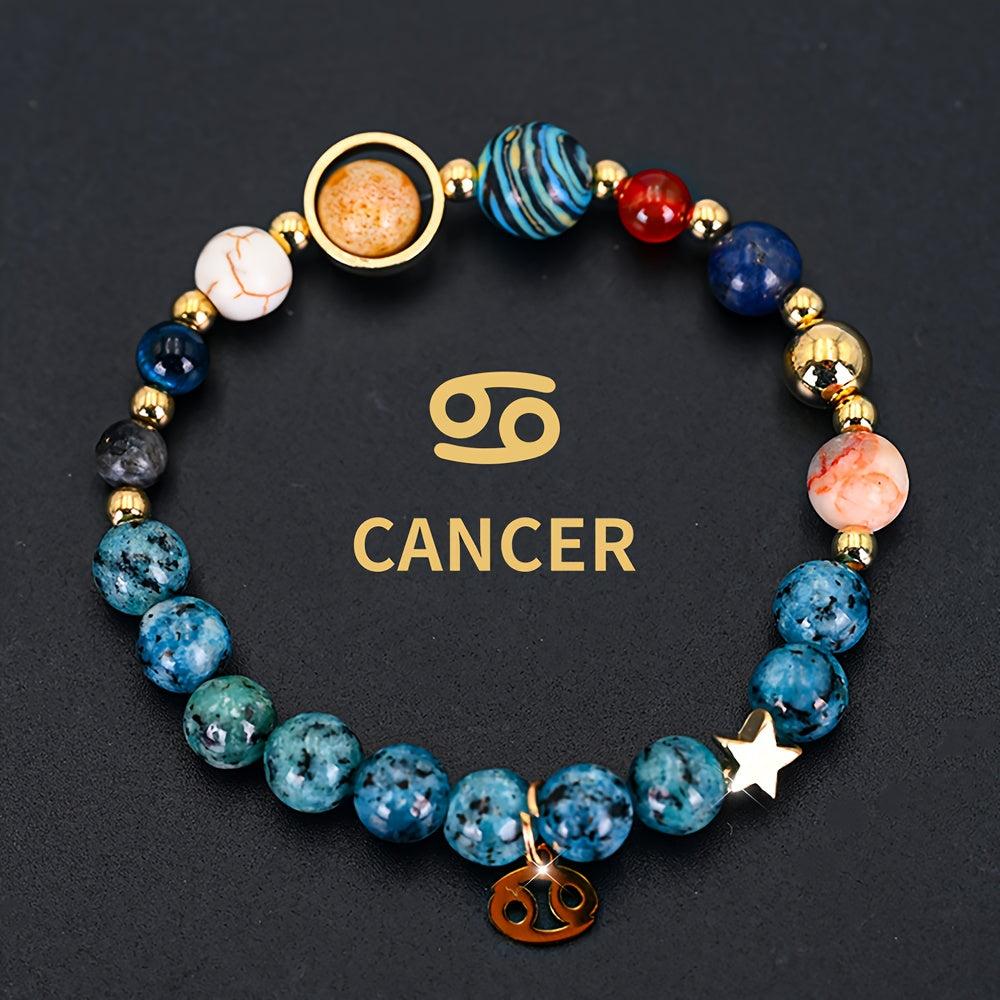 [Cosmic Galaxy Bracelet] 1pc Cosmic Galaxy Imperial Green Natural Stone Eight Planets Ladies 12 Constellation Bracelet Zodiac Pendant Libra Virgo Sagittarius Jewelry Valentine's Day Couple Gift