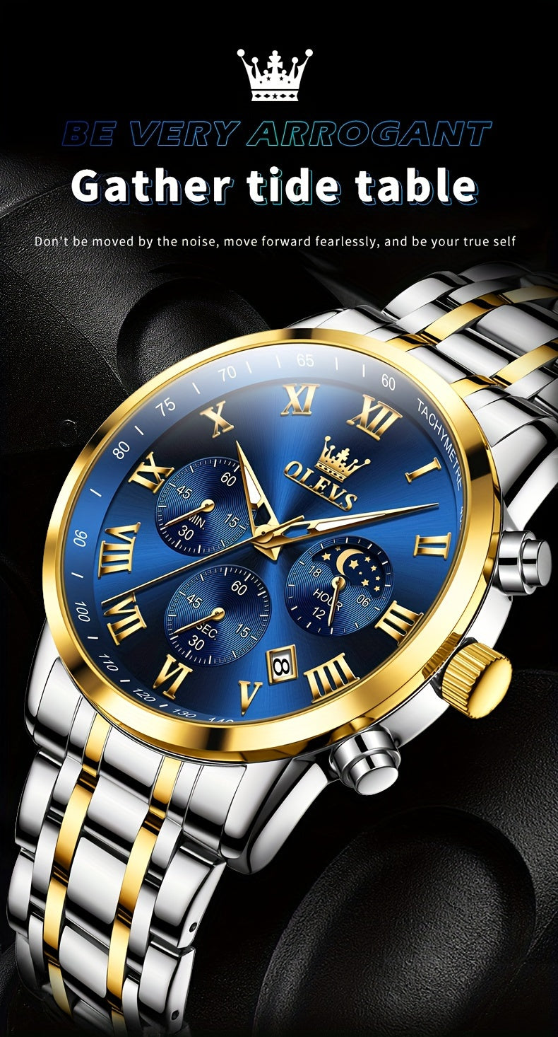 [Luxury Dress Watch] OLEVS Men Watch Stainless Steel Chronograph Roman Numerals Moon Phases Analog Quartz Luxury Dress Watch for Men
